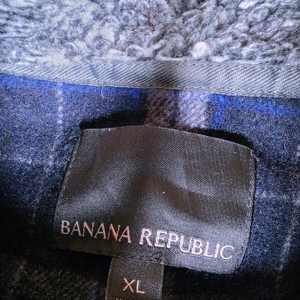 Banana Republic Mixed Media Men XL Navy Wool Nylon Plaid Sherpa L/S Full Zip